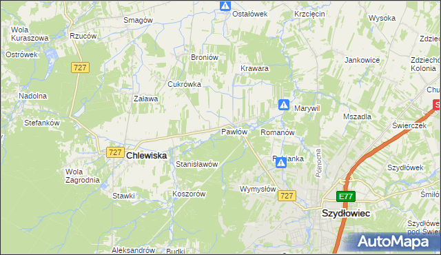mapa Pawłów gmina Chlewiska, Pawłów gmina Chlewiska na mapie Targeo