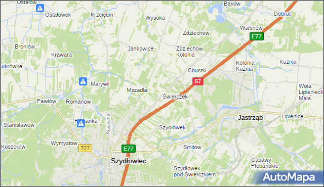 mapa Świerczek gmina Szydłowiec, Świerczek gmina Szydłowiec na mapie Targeo