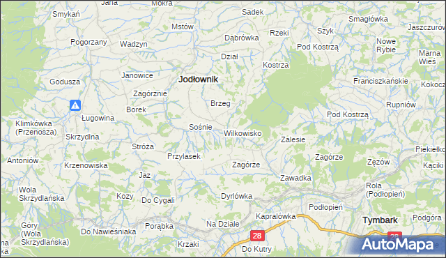 mapa Wilkowisko gmina Jodłownik, Wilkowisko gmina Jodłownik na mapie Targeo