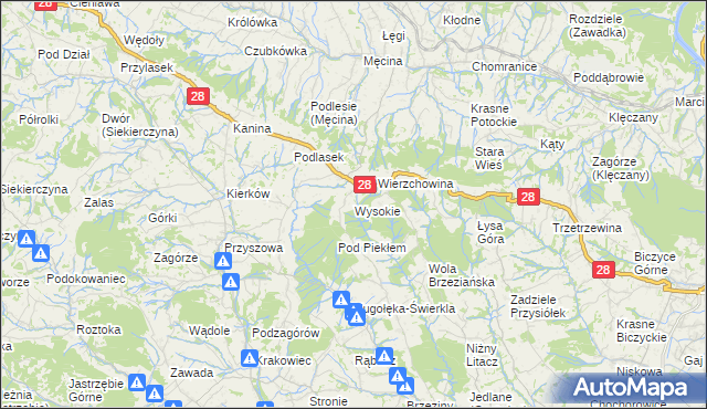 mapa Wysokie gmina Limanowa, Wysokie gmina Limanowa na mapie Targeo