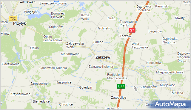 mapa Zakrzew powiat radomski, Zakrzew powiat radomski na mapie Targeo