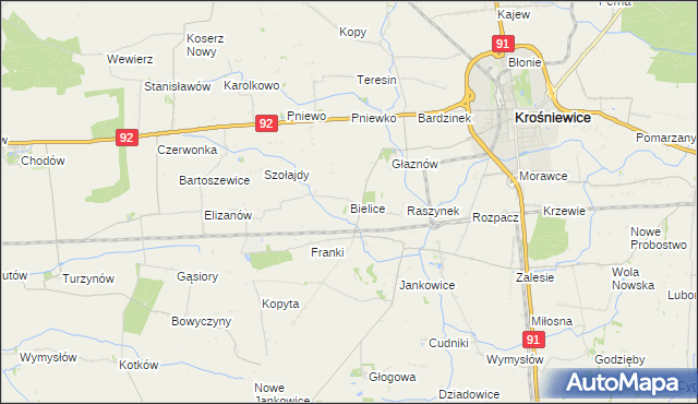 mapa Bielice gmina Krośniewice, Bielice gmina Krośniewice na mapie Targeo