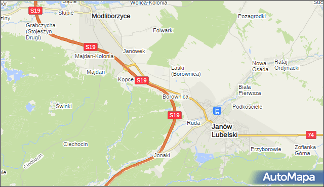 mapa Borownica gmina Janów Lubelski, Borownica gmina Janów Lubelski na mapie Targeo