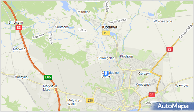 mapa Chwalęcice gmina Kłodawa, Chwalęcice gmina Kłodawa na mapie Targeo