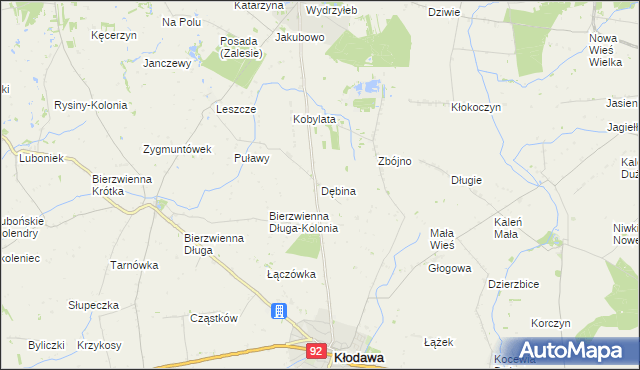 mapa Dębina gmina Kłodawa, Dębina gmina Kłodawa na mapie Targeo