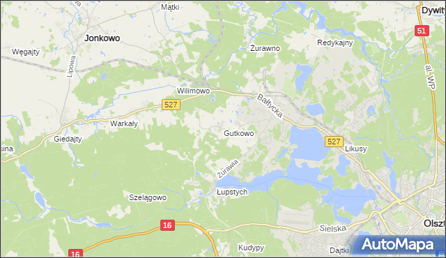 mapa Gutkowo gmina Jonkowo, Gutkowo gmina Jonkowo na mapie Targeo