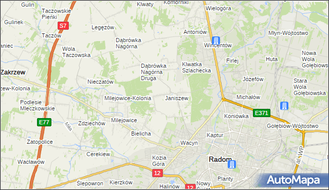 mapa Janiszew gmina Zakrzew, Janiszew gmina Zakrzew na mapie Targeo