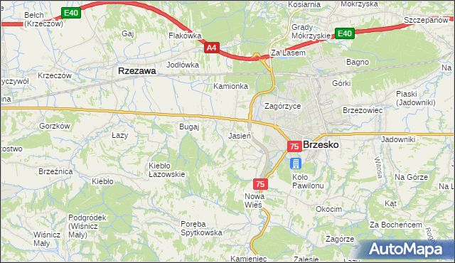 mapa Jasień gmina Brzesko, Jasień gmina Brzesko na mapie Targeo