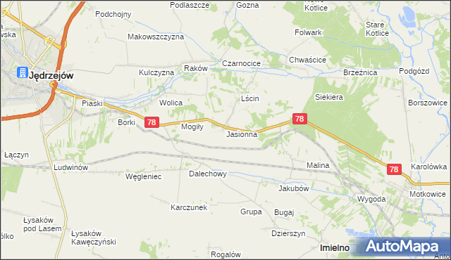 mapa Jasionna gmina Jędrzejów, Jasionna gmina Jędrzejów na mapie Targeo