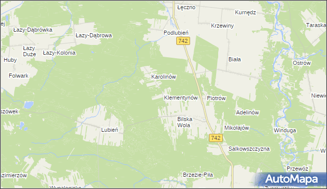 mapa Klementynów gmina Sulejów, Klementynów gmina Sulejów na mapie Targeo