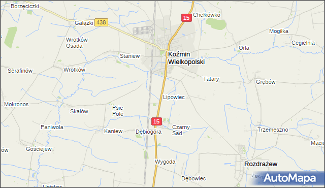 mapa Lipowiec gmina Koźmin Wielkopolski, Lipowiec gmina Koźmin Wielkopolski na mapie Targeo