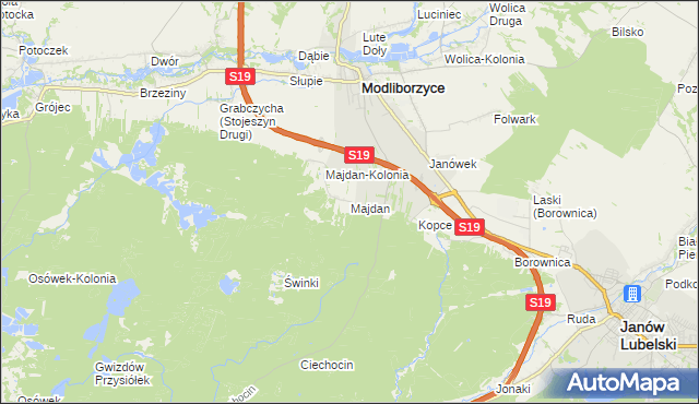 mapa Majdan gmina Modliborzyce, Majdan gmina Modliborzyce na mapie Targeo