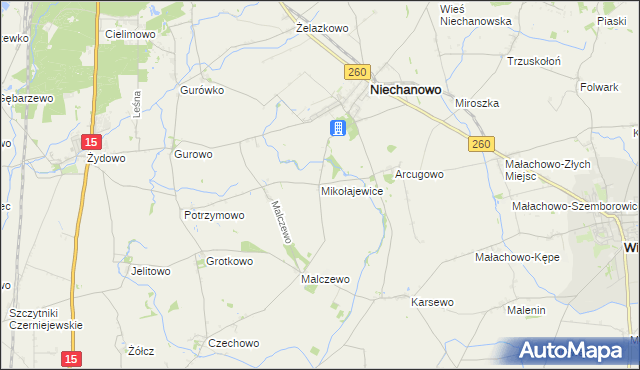 mapa Mikołajewice gmina Niechanowo, Mikołajewice gmina Niechanowo na mapie Targeo