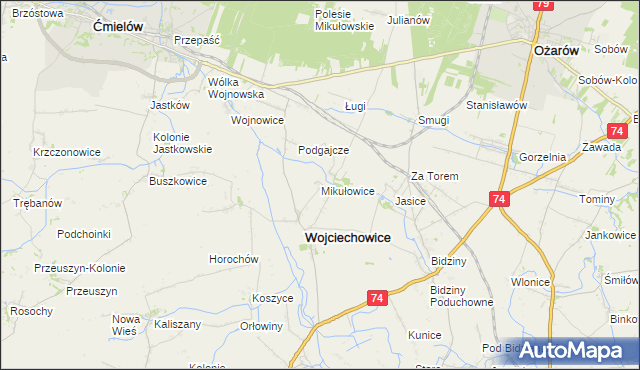 mapa Mikułowice gmina Wojciechowice, Mikułowice gmina Wojciechowice na mapie Targeo