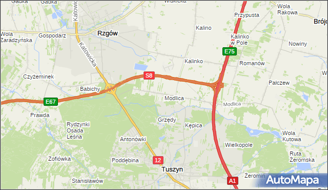 mapa Modlica gmina Tuszyn, Modlica gmina Tuszyn na mapie Targeo