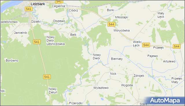 mapa Nowy Dwór gmina Lidzbark, Nowy Dwór gmina Lidzbark na mapie Targeo