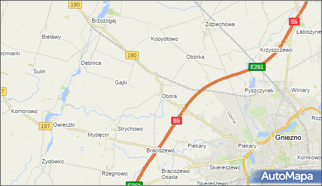 mapa Obora gmina Gniezno, Obora gmina Gniezno na mapie Targeo