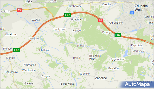 mapa Piaski gmina Zduńska Wola, Piaski gmina Zduńska Wola na mapie Targeo