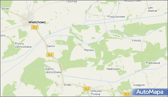 mapa Reńsko gmina Wielichowo, Reńsko gmina Wielichowo na mapie Targeo