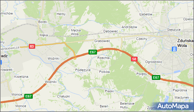 mapa Rzechta gmina Sieradz, Rzechta gmina Sieradz na mapie Targeo