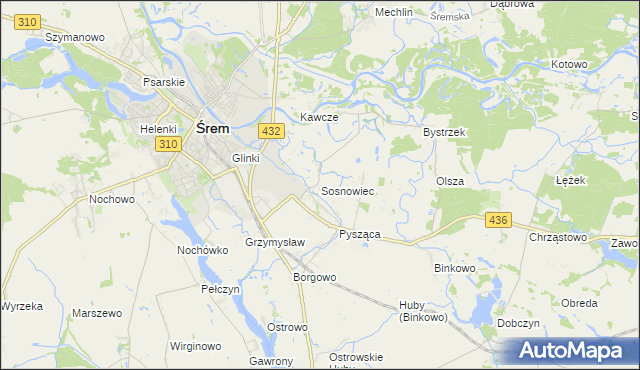 mapa Sosnowiec gmina Śrem, Sosnowiec gmina Śrem na mapie Targeo