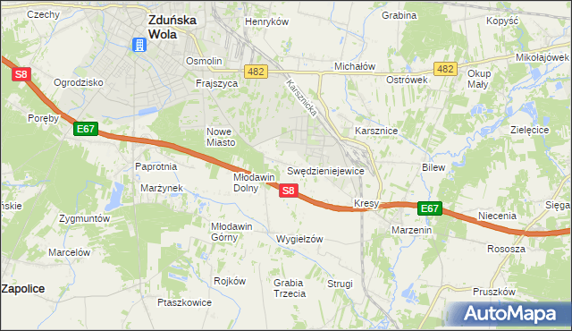 mapa Swędzieniejewice, Swędzieniejewice na mapie Targeo