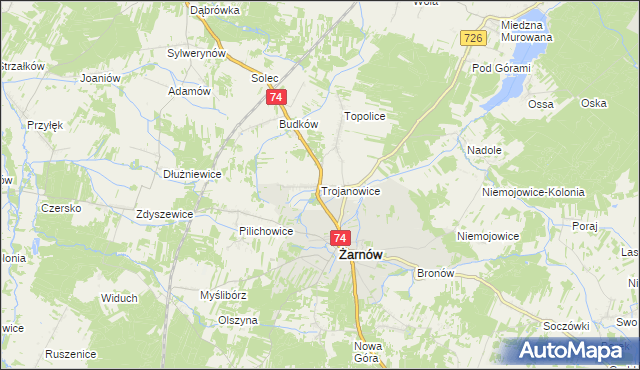 mapa Trojanowice gmina Żarnów, Trojanowice gmina Żarnów na mapie Targeo