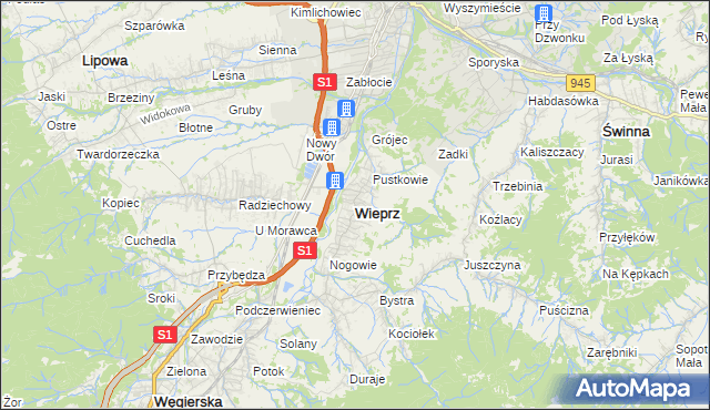 mapa Wieprz gmina Radziechowy-Wieprz, Wieprz gmina Radziechowy-Wieprz na mapie Targeo