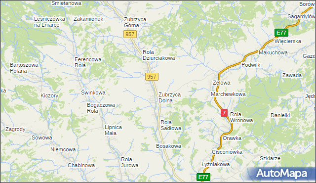 mapa Zubrzyca Dolna, Zubrzyca Dolna na mapie Targeo