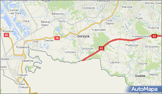 mapa Gorzyczki gmina Gorzyce, Gorzyczki gmina Gorzyce na mapie Targeo