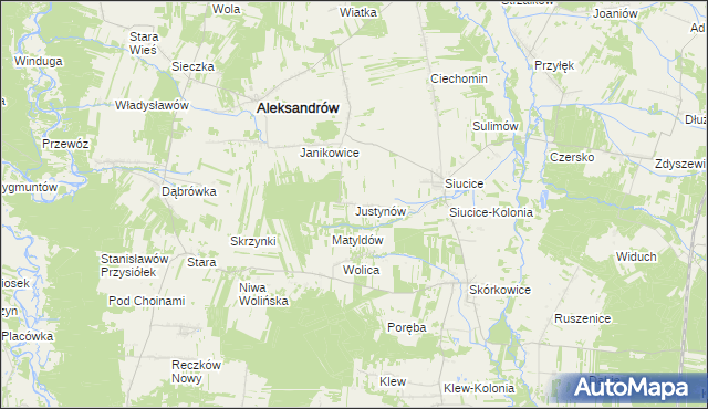 mapa Justynów gmina Aleksandrów, Justynów gmina Aleksandrów na mapie Targeo
