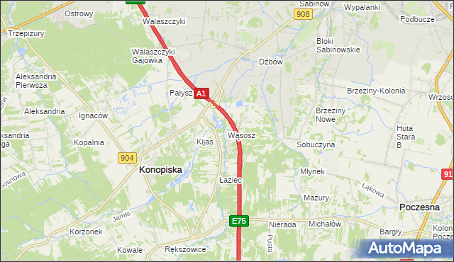 mapa Wąsosz gmina Konopiska, Wąsosz gmina Konopiska na mapie Targeo