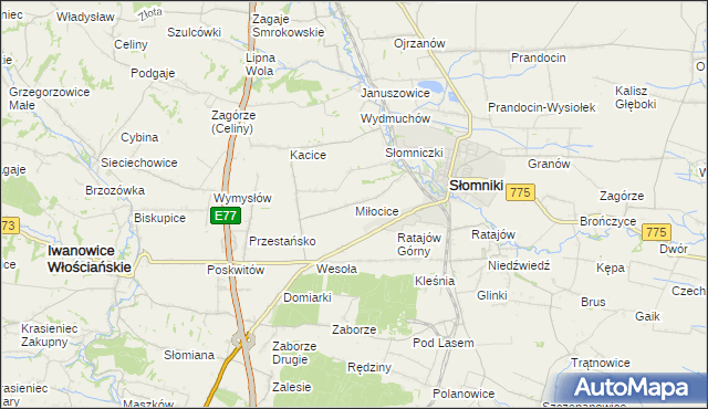 mapa Miłocice gmina Słomniki, Miłocice gmina Słomniki na mapie Targeo