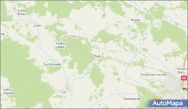 mapa Pełty gmina Myszyniec, Pełty gmina Myszyniec na mapie Targeo