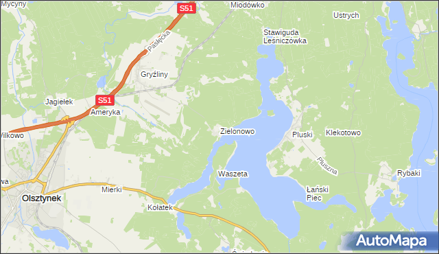 mapa Zielonowo gmina Stawiguda, Zielonowo gmina Stawiguda na mapie Targeo