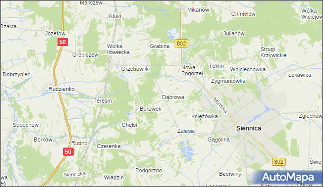mapa Dąbrowa gmina Siennica, Dąbrowa gmina Siennica na mapie Targeo
