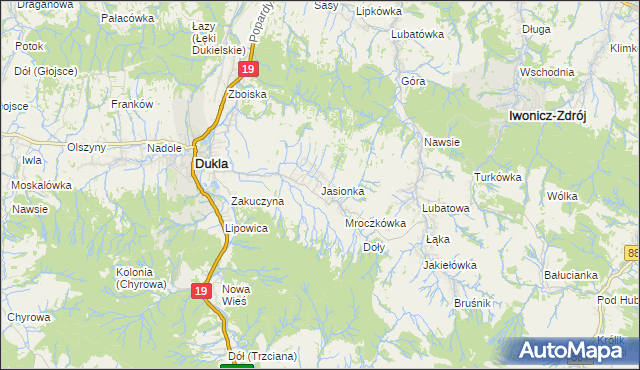 mapa Jasionka gmina Dukla, Jasionka gmina Dukla na mapie Targeo