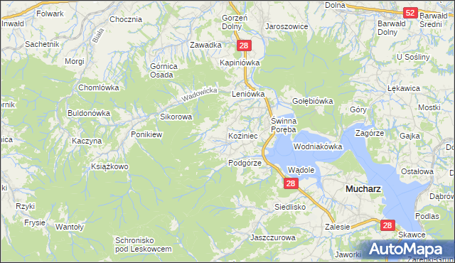 mapa Koziniec gmina Mucharz, Koziniec gmina Mucharz na mapie Targeo