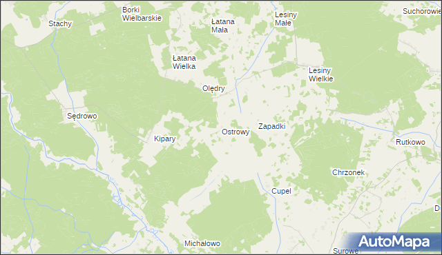 mapa Ostrowy gmina Wielbark, Ostrowy gmina Wielbark na mapie Targeo