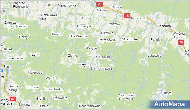 mapa Barnowiec gmina Łabowa, Barnowiec gmina Łabowa na mapie Targeo