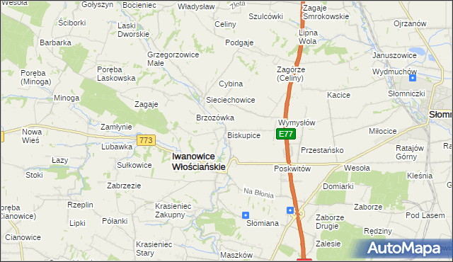mapa Biskupice gmina Iwanowice, Biskupice gmina Iwanowice na mapie Targeo