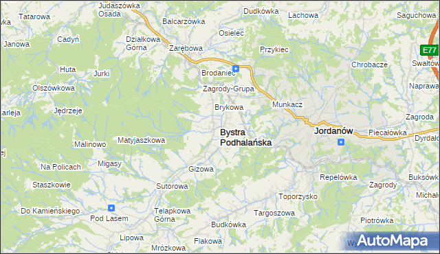 mapa Bystra Podhalańska, Bystra Podhalańska na mapie Targeo