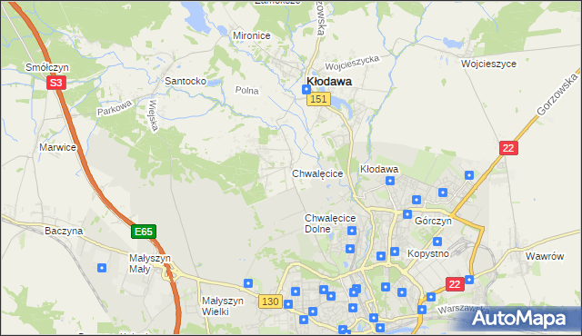 mapa Chwalęcice gmina Kłodawa, Chwalęcice gmina Kłodawa na mapie Targeo