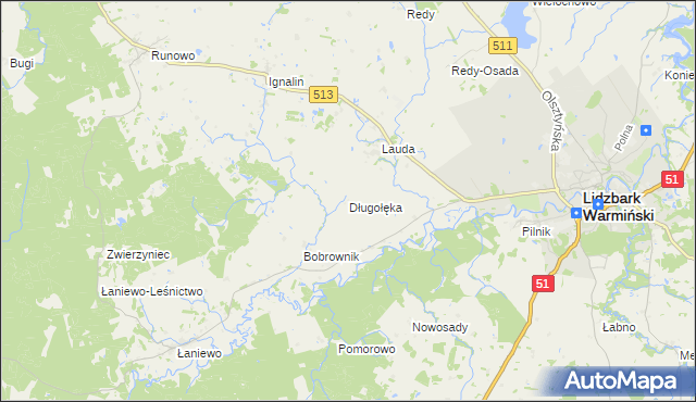 mapa Długołęka gmina Lidzbark Warmiński, Długołęka gmina Lidzbark Warmiński na mapie Targeo