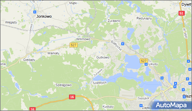 mapa Gutkowo gmina Jonkowo, Gutkowo gmina Jonkowo na mapie Targeo