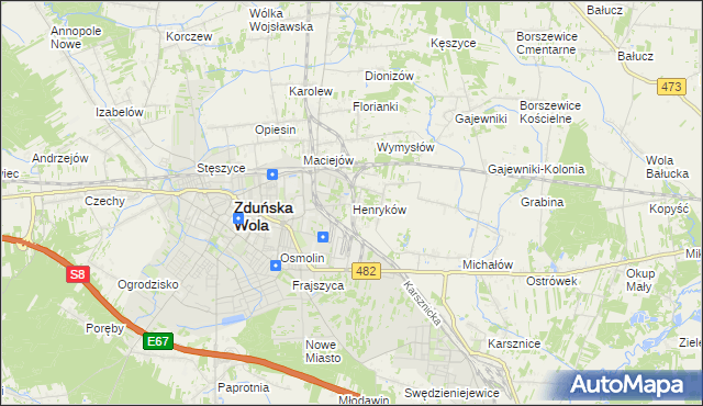 mapa Henryków gmina Zduńska Wola, Henryków gmina Zduńska Wola na mapie Targeo