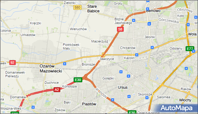 mapa Jawczyce gmina Ożarów Mazowiecki, Jawczyce gmina Ożarów Mazowiecki na mapie Targeo