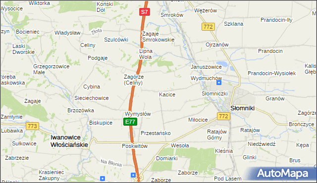 mapa Kacice gmina Słomniki, Kacice gmina Słomniki na mapie Targeo