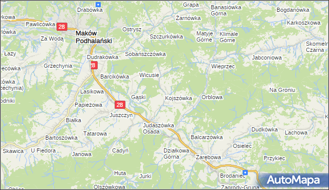 mapa Kojszówka, Kojszówka na mapie Targeo