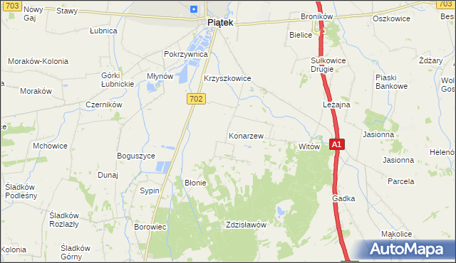 mapa Konarzew gmina Piątek, Konarzew gmina Piątek na mapie Targeo